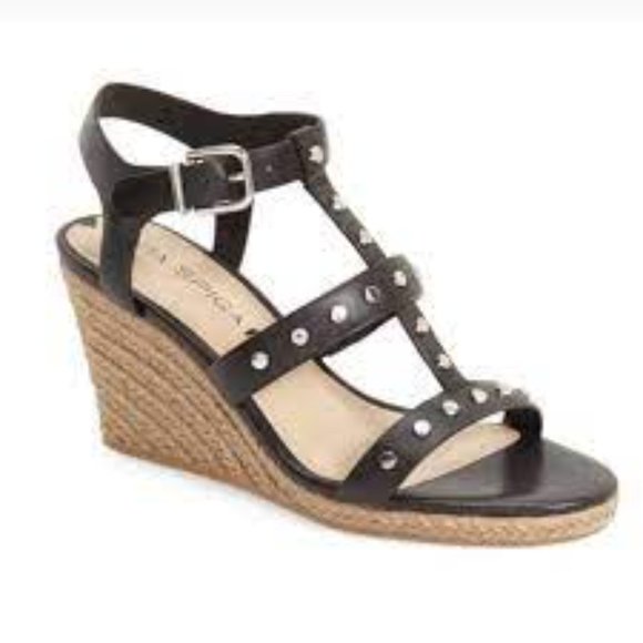 Via Spiga Studded Black Leather Espadrille Wedges Size US 9/EUR 39 silver studs - Picture 4 of 15